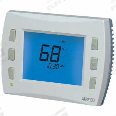 PECO Fan Coil Thermostat: Heat and Cool, Auto-Cool-Heat-Off, 50° to 90° F, Push Button - Digital Fan Coil Unit Thermostats