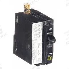 SQUARE D Miniature Circuit Breaker: 20 A, 120/240V AC, Single Phase, 10kA at 120/240V AC, 1 Poles (MPN QOB1201021). Key specifications — Phase: Single; Amps: 20 A; AC Voltage Rating: 120/240V AC; Max. AIR Rating: 10kA at 120/240V AC; For Use With: Square D NQOD Panelboards; Brand: SQUARE D.