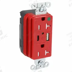 USB Receptacle: Duplex, 5-20R, 2 USB Ports, USB Type A/C, Red, 125V AC, 20 A (MPN SNAP8300UACR). Key specifications — Brand: HUBBELL.