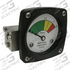 MIDWEST INSTRUMENT 3-Color Differential Pressure Indicator: 1,000 psig Max. Static Pressure, 522 (MPN 522S-015). Key specifications — Brand: MIDWEST INSTRUMENT; Accuracy: ±5% of Full Scale; Sensor Material: Buna-N; Housing Material: Stainless Steel; Transition Points: 0 psid to 7.5 psid (Green) / 7.5 psid to 11 psid (Yellow) / 11 psid to 15 psid (Red).
