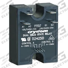 CRYDOM Dual Solid State Relay: Surface Mounted, 40 A Max Output Current, SCR, AC Output (MPN D2440D). Key specifications — Brand: CRYDOM; Current Type: AC; Electrical Connection: Screw Clamp; Finger Safe: No; Input Current: 12 mA; Maximum Output Current without Heat Sink: Not Recommended; Mounting Style: Panel; Output Voltage: 24 to 280V AC.