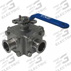 VNE Manual Three-Way Ball Valve: 4 in, 316 Stainless Steel, L Flow, 400 psi Max. Pressure (CWP) (MPN EG93CCC-64.0). Key specifications — Brand: VNE; Inlet Connection Entry: Side; Average Surface Roughness (Ra): 20 micron; Handle: Locking Lever.