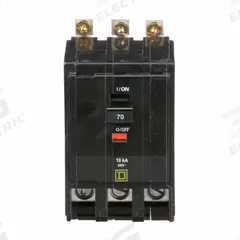 SQUARE D Miniature Circuit Breaker: 70 A, 120/240V AC, Three Phase, 10kA at 120/240V AC, 3 Poles (MPN QOB370). Key specifications — Phase: Three; Amps: 70 A; AC Voltage Rating: 120/240V AC; Max. AIR Rating: 10kA at 120/240V AC; For Use With: Square D NQOD Panelboards; Brand: SQUARE D.
