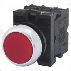 EATON Illuminated Push Button: Illuminated, Flush Profile, Metallic, 22 mm, 1NO/1NC (MPN M22M-DL-R-K11-230R). Key specifications — Brand: EATON; Action: Momentary; Series: M22; Push Button Material Type: Metallic.