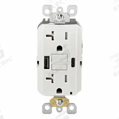 USB Receptacle: Decorator Duplex, 5-20R, USB Type A/C, White, 125V AC, 20 A, GFCI (MPN GUAC2-W). Key specifications — Brand: LEVITON.