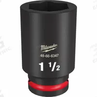 MILWAUKEE Deep Impact Socket: 3/4 in Drive Size, SAE, 1 1/2 in Socket Size, 6-Point, Deep, Friction (MPN 49-66-6347). Key specifications — attr1215501: MILWAUKEE; attr1215515: Black Phosphate; attr1215518: 1-1/2 in.