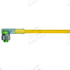 Cordset: M12 Female Right Angle X Bare Wire, 3 Pins, Yellow, PUR, 5 m Cable Lg, 4 A Max Current (A) (MPN 7000-12381-0330500). Key specifications — Cable Jacket Color: Yellow; End 1 Gender: Female; End 1 Mounting Orientation: Right Angle; End 2 Connection Type: Bare Wire; IP Rating: IP65; Brand: MURRELEKTRONIK; Wire Size: 22 AWG; Cable Jacket Material: PUR.