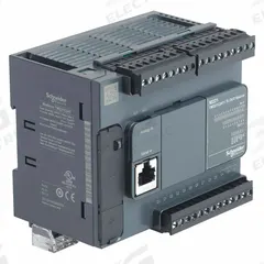 SCHNEIDER ELECTRIC PLC: 14 (Discrete), (10) Transistor, 24V AC : 24V DC (MPN TM221C24T). Key specifications — attr211240: SCHNEIDER; attr1072668: Clock Included; attr1075941: 14 (Discrete); attr1075943: (10) Transistor.