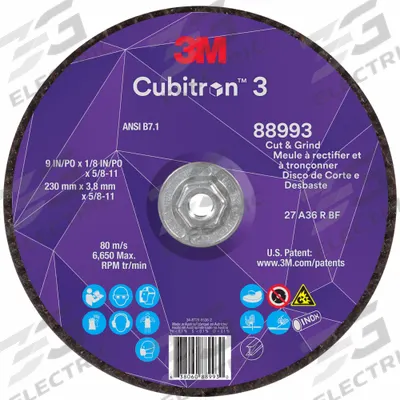 3M CUBITRON 3 Cut-Off and Grinding Wheel: Type 27, 9" x 1/8" x 5/8"-11 - Cool-Cutting Combination Wheels for Carbon & Stainless Steel