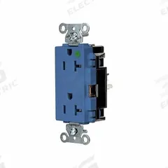 HUBBELL Receptacle: Hospital Grade, Decorator Duplex, 5-20R, Blue, 125V AC, 20 A, 2 Pole / 3 Wire (MPN HBL2182STBL)