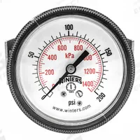 WINTERS Panel-Mount Pressure Gauge: U-Clamp, 0 psi to 200 psi, 2 1/2 in Dial, 1/4 in NPT Male, IP52 (MPN P9U901441UC). Key specifications — Accuracy: ±2-1-2%; Brand: WINTERS; Vibration Resistance Properties: Dry Case Vibration-Dampened; Gauge Wetted Parts: Brass / Bronze.