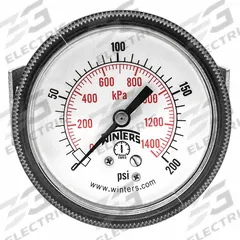 WINTERS Panel-Mount Pressure Gauge: U-Clamp, 0 psi to 200 psi, 2 1/2 in Dial, 1/4 in NPT Male, IP52 (MPN P9U901441UC). Key specifications — Accuracy: ±2-1-2%; Brand: WINTERS; Vibration Resistance Properties: Dry Case Vibration-Dampened; Gauge Wetted Parts: Brass / Bronze.