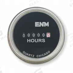 ENM Hour Meter: Hour Meters, Front Panel Mounting, Analog, 10 V DC – 80 V DC, CE/CUL/RoHS/UL, Analog (MPN T40A4507). Key specifications — Mounting Style: Flush; Standards: CUL; Bezel Face Shape: Round; Hour Unit Increment: Tenth; NEMA Enclosure Rating: 12; Brand: ENM; Manufacturer Part Number: T40A4507; Meter Type_Broad: Analog.