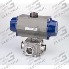 VNE Pneumatically Actuated Three-Way Ball Valve: 2 in, 316 Stainless Steel, Clamp x Clamp x Clamp (MPN 93C2.0C/125-5S1-XX). Key specifications — Average Surface Roughness (Ra): < 0.6 micron; Brand: VNE; 3-A Compliance: Meets 3A Sanitary Standards; Inlet Connection Entry: Side; Pilot Solenoid Voltage: Not Included.