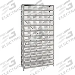 QUANTUM STORAGE SYSTEMS Pick Rack: 36 in x 12 in x 75 in, 1 Sided, 60 Bins, Open, Shelf Bin, Clear (MPN 1275-102CL). Key specifications — Includes Bins: Yes; Bin Material: Plastic; Frame Color: Gray; Bin HxWxD: (60) 4 in x 2-3/4 in x 11-5/8 in; Frame Material: Steel; Bin Color: Clear; Bin Style: Shelf; Brand: QUANTUM STORAGE SYSTEMS.