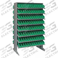 QUANTUM STORAGE SYSTEMS Pick Rack: 36 in x 24 in x 60 in, 2 Usable Sides, 16 Shelves, 192 Bins (MPN QPRD-100GN). Key specifications — Bin HxWxD: (192) 4 in x 2-3/4 in x 11-5/8 in; Frame Material: Steel; Frame Color: Gray; Bin Color: Green; Brand: QUANTUM STORAGE SYSTEMS.