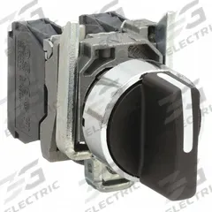 SCHNEIDER Selector Switch: 22 mm Panel Mounting Size, 3 Positions, Short Lever, 2NO, Metallic (MPN XB4BD33). Key specifications — AC Contact Rating: 3 A @ 240 V; Action: Maintained/Maintained/Maintained; Cam: No Cam Included; DC Contact Rating: 0.1 A @ 600 V; Hazardous Location Specification: Not Rated; Operator Head Material: Plastic; Operator Head Type: Short-Handled Knob; Operator Illumination: Non-Illuminated.