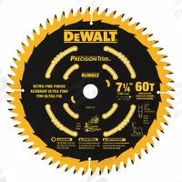 DEWALT Circular Saw Blade: 7 1/4 in Blade Dia., 60 Teeth, 0.06 in Cut Wd, 5/8 in Arbor Size, Carbide (MPN DW7116PT). Key specifications — attr1116119: DEWALT; attr1145631: Wood.