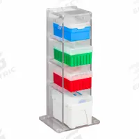 Lab Bench Vertical Organizer: 6 3/4 in Overall Wd, 16 in Overall Ht, 5 3/4 in Overall Lg, PETG (MPN 4VTORG). Key specifications — Material: PETG; Mounting Location: Benchtop; Color: Clear; Product Type: Lab Organizer; Total Holding Capacity: (4) Boxes of Tips; Brand: POLTEX.