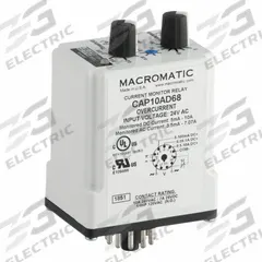 MACROMATIC Current Sensor Relay: Socket Mounted, 10 A Current Rating, 24V AC, Overcurrent, Pin (MPN CAP10AD68). Key specifications — Series: CAP Series; Electrical Connection: Terminal Strip; Monitored Parameters: Overcurrent; Mounting Style: Plug-In; Status Indicator: LED Indicator; Trip Point: 0.1 to 10 A; Trip Point Type: Adjustable; Brand: MACROMATIC.