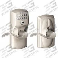 SCHLAGE RESIDENTIAL Electronic Keyless Lock: Keypad, Nickel (MPN FE595 CAM619ACC). Key specifications — Product Type: Electronic Keyless Lock; Manufacturer Part Number: FE595 CAM619ACC; Access Method: Keypad; Key Override Options: 5 Pin Tumbler C Keyway.
