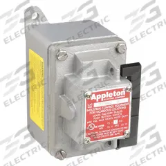 Control Station: 1 Gang, Rocker Arm, 4NO/4NC, On/Off, 0 Pilot Lights, 3/4 in, Dead-End Hub (MPN EFDB175345). Key specifications — Legend: On/Off; Action: Maintained; Contact Form: 4NO/4NC; Brand: APPLETON ELECTRIC; Operator Configuration Type: (1) Rocker Arm.