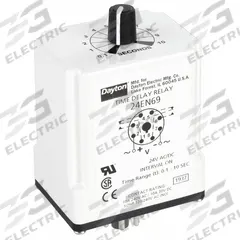 DAYTON Single Function Time Delay Relay: Socket Mounted, 24V AC/DC, 10 A, 8 Pins/Terminals, Interval (MPN 24EN69). Key specifications — Brand: DAYTON.