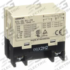 OMRON Enclosed Power Relay: Bracket Mounted, 30 A Current Rating, 12V DC, DPST-NO, 6 Pins/Terminals (MPN G7L-2A-BJ-CB-DC12). Key specifications — Brand: OMRON; Base Type: Square; Mounting Style: E-Bracket; Electrical Connection: Screw Terminal; Manufacturer Part Number: G7L-2A-BJ-CB-DC12; Operating Current: 25 A; Series: G7L Series; Relay Bracket Type: E-Bracket (Sold Separately).