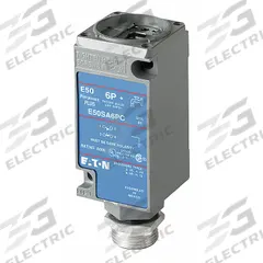 EATON Limit Switch Body: EN50041 Body, 2 Mounting Holes, 1NO/1NC, Metallic (MPN E50SAL6PC). Key specifications — attr1019579: 8 ft Cable with Pre-Terminated 5-Pin Mini Connector; attr1018601: E50; attr211338: EATON; attr1027434: LED; attr1038844: Metallic.