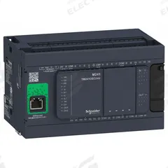 SCHNEIDER ELECTRIC PLC: (14) Discrete, (4) Transistor/(6) Relay, 100 to 240V AC (MPN TM241CE24R). Key specifications — attr211240: SCHNEIDER; attr1072668: Clock Included; attr1075941: (14) Discrete; attr1075943: (4) Transistor.
