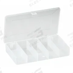PLANO MOLDING Compartment Box: 6 1/2 in x 3 3/4 in x 1 1/8 in, Clear, 7 Compartments, 0 Adj Dividers (MPN 3449-87). Key specifications — ESD Conductive: Not Electrostatic Discharge Conductive; Color: Clear; Compartment WxD: 1 in x 1 in; Brand: PLANO MOLDING; Material: Plastic.