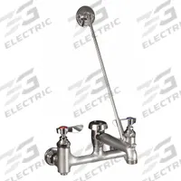 DOMINION COMMERCIAL FAUCETS Straight Service Sink Faucet: Wall, Widespread, Brass, Chrome, Straight (MPN 77-9108). Key specifications — Color/Finish: Chrome; Includes: Handles.