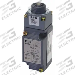 EATON Plunger Limit Switch: Plunger Actuator, Momentary/Momentary, Metallic, 8 ozf Op Force - Min (MPN E50AT1). Key specifications — Manufacturer Part Number: E50AT1; Brand: EATON; Electrical Connection: Screw Terminals; Action: Momentary/Momentary; Series: E50; Body Material Type: Metallic; Actuator Type: Plunger.
