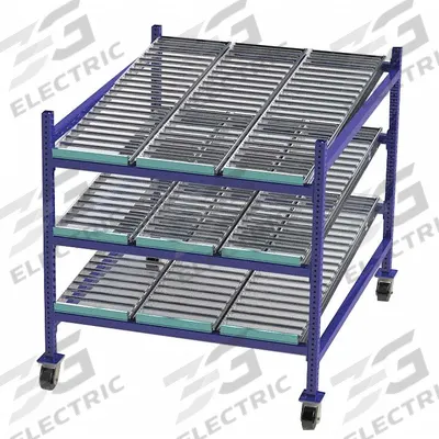 UNEX FLOW CELL Gravity Flow Rack: 48 in x 60 in x 54 in, Tilt, 3 Shelves - Roller Track Bolted Mobile Flow Racks