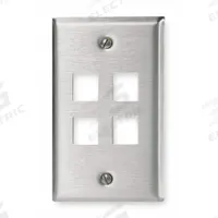 HUBBELL PREMISE WIRING Wall Plate: Silver, 1 Gang, 4 Port, Flat Module, Stainless Steel, Vertical (MPN SSF14). Key specifications — Brand: HUBBELL PREMISE WIRING; Material: Stainless Steel; Color: Silver; Compatible Connector Type: Keystone Jack Modules; Outlet Orientation: Vertical; Module Style: Flat.