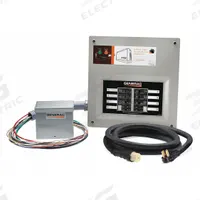 GENERAC Manual Transfer Switch Kit: Single Phase, 120/240V AC, 50 A Current Rating, 16 Spaces, 1 (MPN 9855). Key specifications — Includes: 12 in Pre-Wired Whip; Brand: GENERAC; Prewired: Yes; Rated Voltage: 120/240V AC.