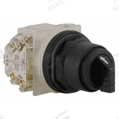 SCHNEIDER Selector Switch: 30 mm Panel Mounting Size, 3 Positions, Short Lever, DPDT, Non-Metallic (MPN 9001SKS43BH2). Key specifications — AC Contact Rating: 3 A @ 240 V; Action: Maintained/Maintained/Maintained; Cam: C; DC Contact Rating: 0.27 A @ 250 V; Hazardous Location Specification: Not Rated; Operator Head Material: Polycarbonate; Operator Head Type: Short-Handled Knob; Operator Illumination: Non-Illuminated.