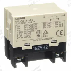 OMRON Enclosed Power Relay: Bracket Mounted, 30 A Current Rating, 12V DC, SPST-NO, 4 Pins/Terminals (MPN G7L-1A-BJ-CB-DC12). Key specifications — Brand: OMRON; Base Type: Square; Mounting Style: E-Bracket; Electrical Connection: Screw Terminal; Manufacturer Part Number: G7L-1A-BJ-CB-DC12; Operating Current: 30 A at 220V AC (Resistive Load voltage); Series: G7L Series; Relay Bracket Type: E-Bracket (Sold Separately).