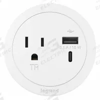 LEGRAND Furniture Power Outlet: 1 Outlets, 10 ft Cord Lg, White, 5-15R, 3 in Wd, Recessed Mounting (MPN RFPCRUAUC-WH10). Key specifications — Shape: Round; Brand: LEGRAND; USB Connectors Included: Type C; Mounting Style: Recessed.