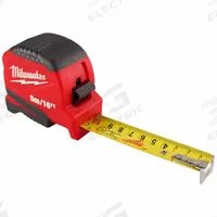 MILWAUKEE Compact Tape Measure: Nonmagnetic Single Hook Tip, 16 ft / 5 m, Plastic, Black/Red (MPN 48-22-1717). Key specifications — attr935324: MILWAUKEE; attr942259: Red; attr935326: Finger Brake; attr935328: 1/16 in; attr935329: Inches; attr935337: Metric/SAE; attr936607: Manual Lock; attr985315: 5 m or less.