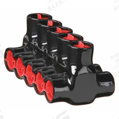 BLACKBURN Multitap Connector: 5 Port, Double-Sided Entry, 10 AWG – 350 kcmil Wire Size, Black (MPN AMTD350105). Key specifications — Body Material: Aluminum; Brand: BLACKBURN.