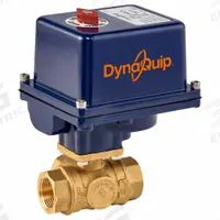DYNAQUIP CONTROLS Electrically Actuated Three-Way Ball Valve: 1/4 in, Brass, 12V DC/24V AC/DC (MPN EYHG1AUE20H). Key specifications — Included Mounting: ISO 5211 Actuator Mounting Pad; Brand: DYNAQUIP CONTROLS; Actuator Features: Position Indicator.