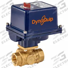 DYNAQUIP CONTROLS Electrically Actuated Three-Way Ball Valve: 1/4 in, Brass, 12V DC/24V AC/DC (MPN EYHG1AUE20H). Key specifications — Included Mounting: ISO 5211 Actuator Mounting Pad; Brand: DYNAQUIP CONTROLS; Actuator Features: Position Indicator.
