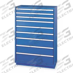 LISTA Modular Drawer Cabinet: 40 1/4 in x 22 1/2 in x 59 1/2 in, 9 Drawers, 105 Compartments, Steel (MPN HS13-0902A-FTKABB). Key specifications — Drawer Inside Height: (3) 7 in; Drawer Access: Single; Base Type: Frame; Number of Compartments per Drawer: (2) 6; Brand: LISTA; Cabinet Color: Bright Blue.