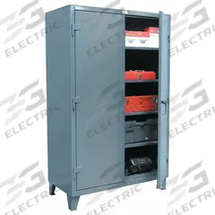 STRONG HOLD Storage Cabinet: 60 in x 24 in x 78 in, Swing Handle & Padlock Hasp, 12 ga Panel Thick (MPN 56-244). Key specifications — attr62698: Dark Gray; attr62736: Welded; attr87895: Legs; attr62693: Assembled; attr62737: Stationary; attr62694: Adjustable; attr62695: Baked Enamel; attr62696: Steel.