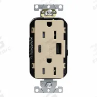 USB Receptacle: Decorator Duplex, 5-15R, USB Type A/C, Ivory, 125V AC, 15 A (MPN M56AC-I). Key specifications — Brand: LEVITON.