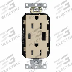 USB Receptacle: Decorator Duplex, 5-15R, USB Type A/C, Ivory, 125V AC, 15 A (MPN M56AC-I). Key specifications — Brand: LEVITON.