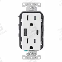 USB Receptacle: Duplex, 5-15R, USB Type A/C, White, 125V AC, 15 A (MPN T5633-W). Key specifications — Brand: LEVITON.