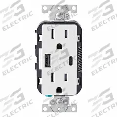 USB Receptacle: Duplex, 5-15R, USB Type A/C, White, 125V AC, 15 A (MPN T5633-W). Key specifications — Brand: LEVITON.
