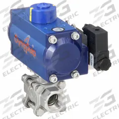 DYNAQUIP CONTROLS Pneumatically Actuated Two-Way Ball Valve: 3/4 in, Stainless Steel, FNPT x FNPT (MPN P3S24AJDA052A). Key specifications — Brand: DYNAQUIP CONTROLS; Pilot Solenoid Voltage: 115V AC.